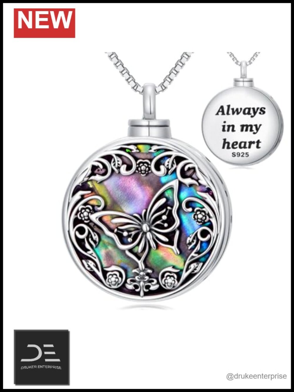 Butterfly Urn Necklace 925 Sterling Silver Abalone Shell Ashes Memorial